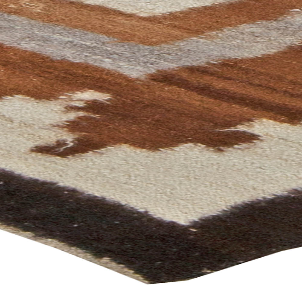 Mid-20th Century Mongolian Geometric Ivory, Brown, Grey Flat-Weave Wool Rug BB5746
