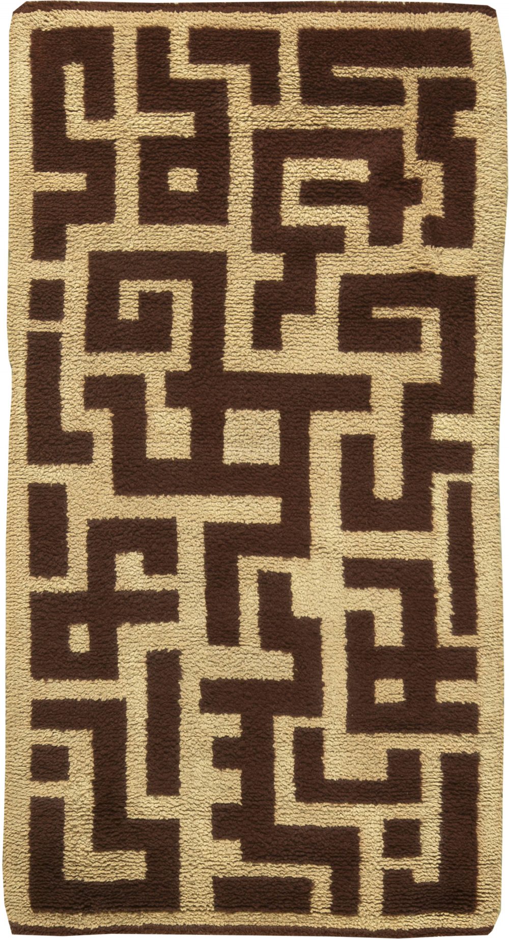 French Art Deco Decorative Brown and Beige Hand Knotted Wool Rug BB6171