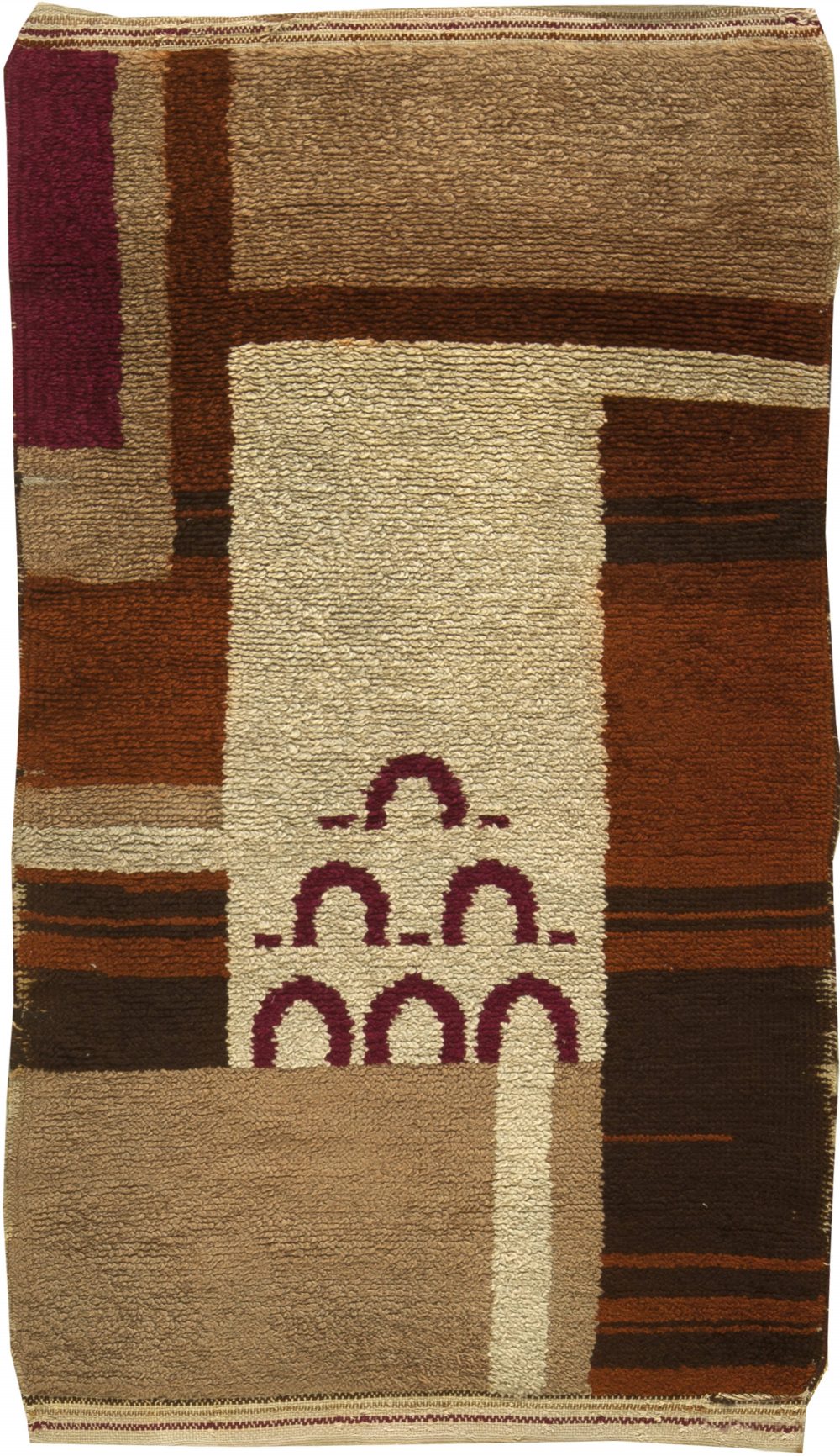 Vintage French Art Deco Brown, Purple and Beige Hand Knotted Wool Rug BB6172
