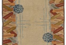 Mid-20th century Botanic Art Deco Style Yellow, Beige, Blue Handmade Wool Rug BB6265