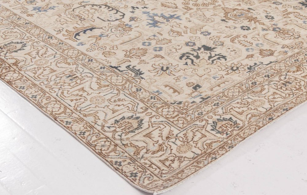 Antique Floral Persian Kirman Camel, Light Brown, Indigo Blue Handmade Wool Rug BB6485