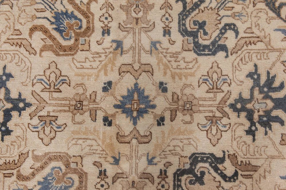 Antique Floral Persian Kirman Camel, Light Brown, Indigo Blue Handmade Wool Rug BB6485