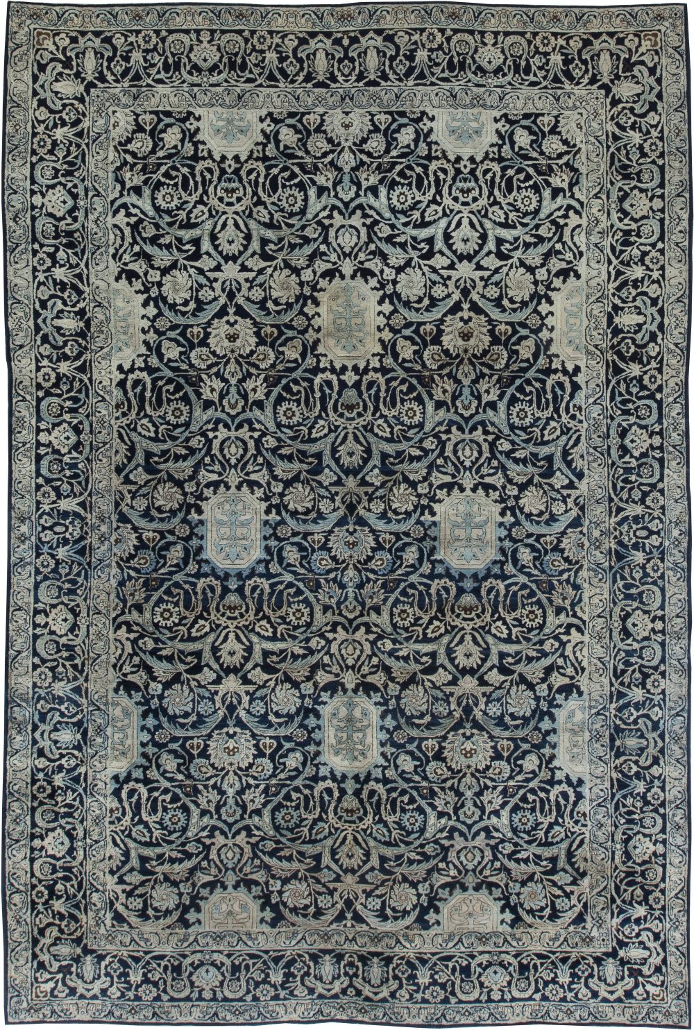 Antique Persian Kirman Navy Blue and Beige Handwoven Wool Rug BB6369