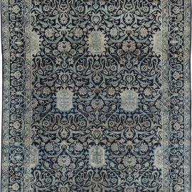 Antique Persian Kirman Navy Blue and Beige Handwoven Wool Rug BB6369