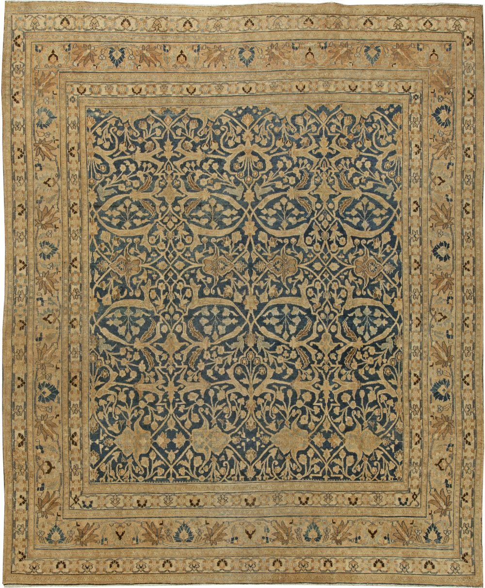 Antique Persian Meshad Botanic Golden Beige, Brown & Black Handwoven Wool Rug BB6137