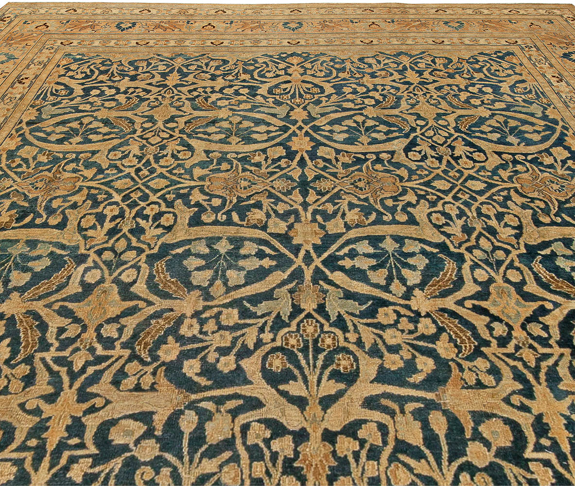 Antique Persian Meshad Botanic Golden Beige, Brown & Black Handwoven Wool Rug BB6137