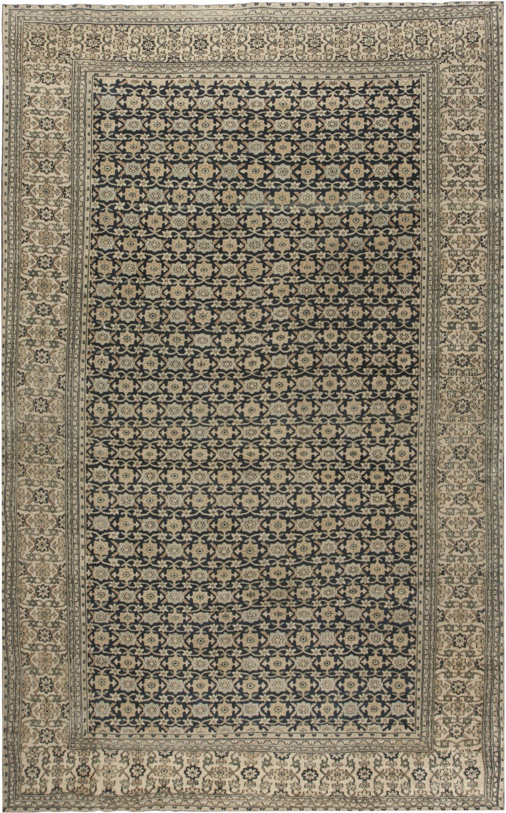 Antique Persian Meshad Botanic, Beige, Brown and Black Handwoven Wool Rug BB6501