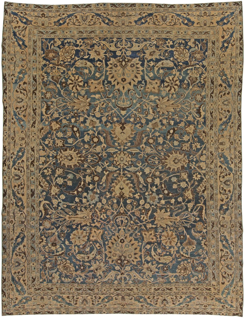 Authentic 1900s Persian Meshad Botanic Handmade Wool Rug 