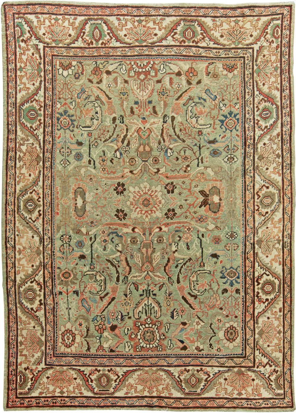 Antique Persian Sultanabad Mint Green, Red, Blue and Beige Handwoven Wool Rug BB6055