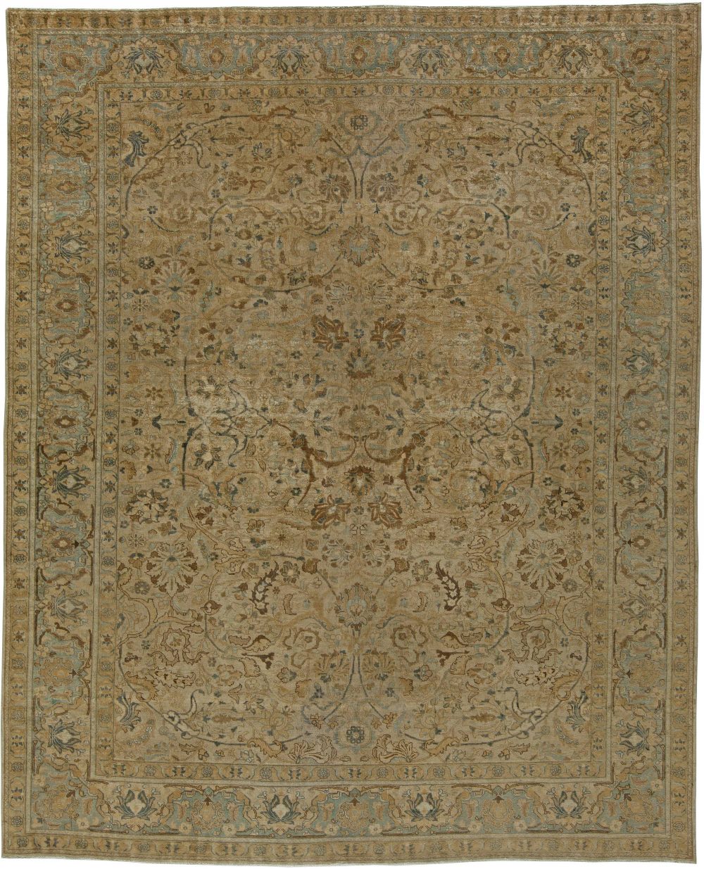 Early 20th Century Persian Tabriz Floral Brown, Beige and Blue Handmade Wool Rug BB5913