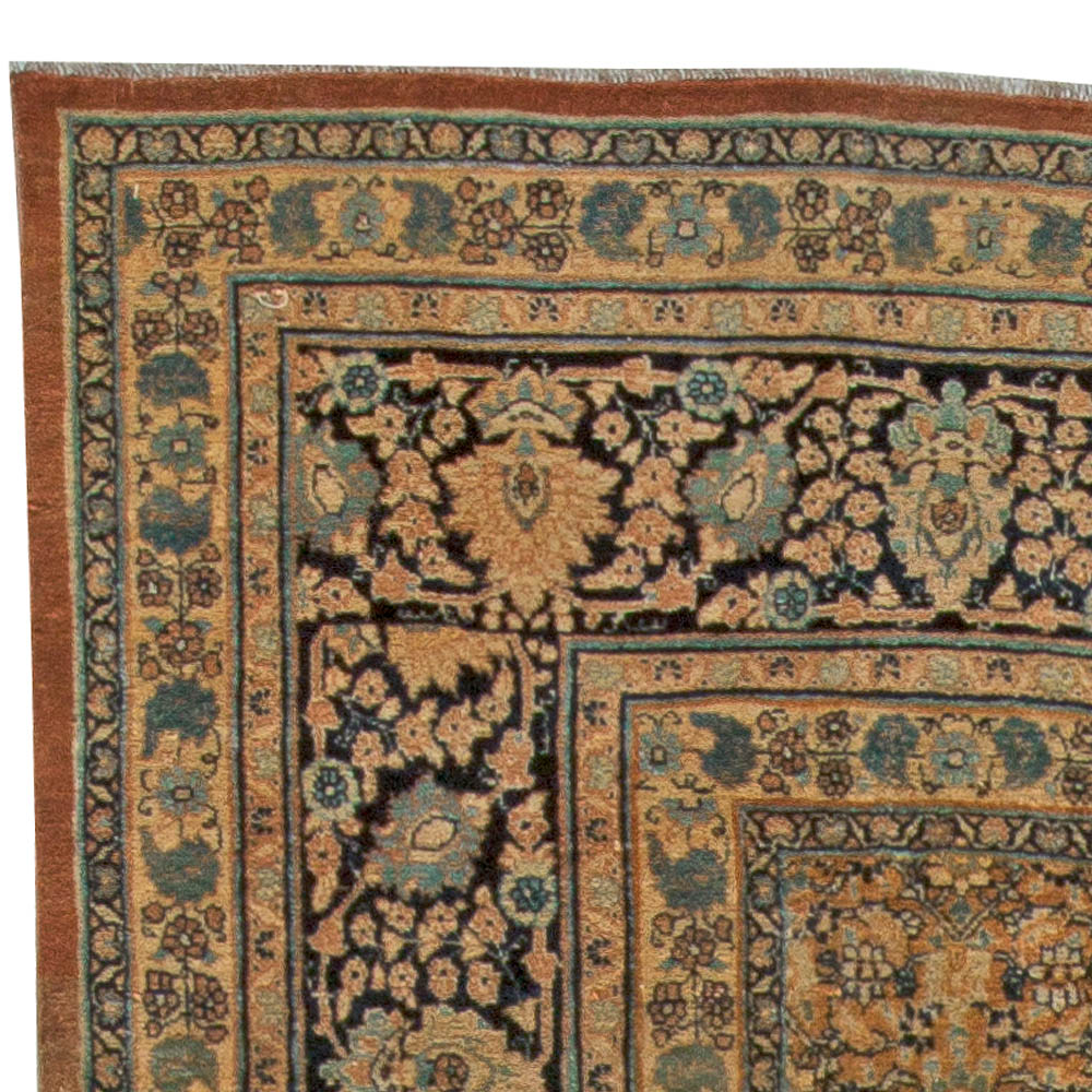 19th Century Persian Tabriz Green, Beige and Black Hand Knotted Wool Rug BB5465