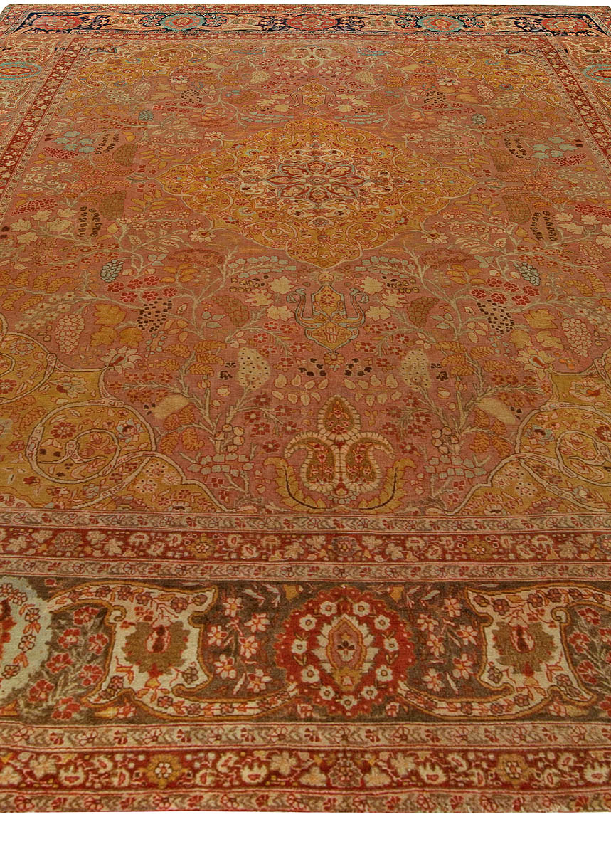 Antique Persian Tabriz Copper, Blue, Green and Salmon Hand Knotted Wool Rug BB6096