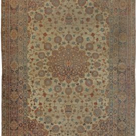 Exquisite Antique Tabriz Persian Medallion Soft Beige Hand-Knotted Wool Rug – Circa 1880 BB5576