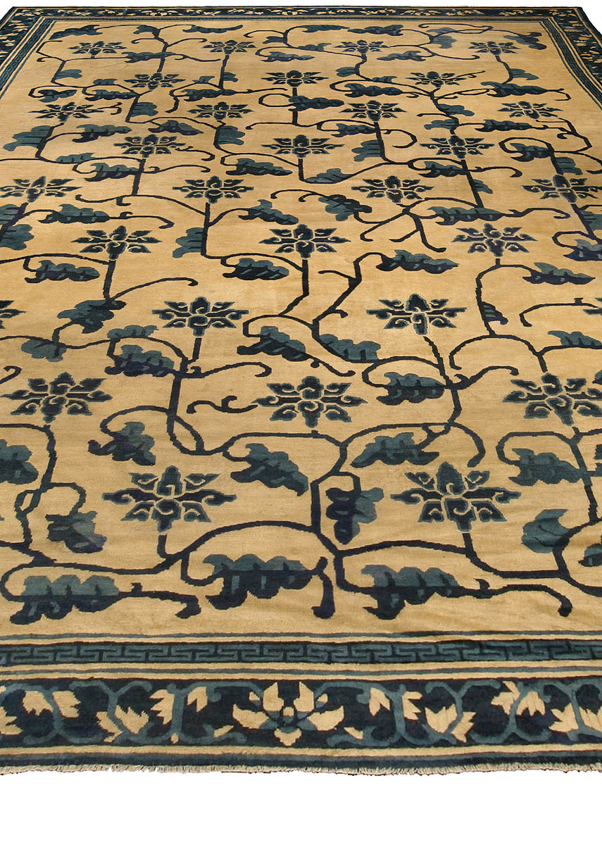 Authentic 19th Century Chinese Beige and Dark Blue Handwoven Wool Carpet BB4245