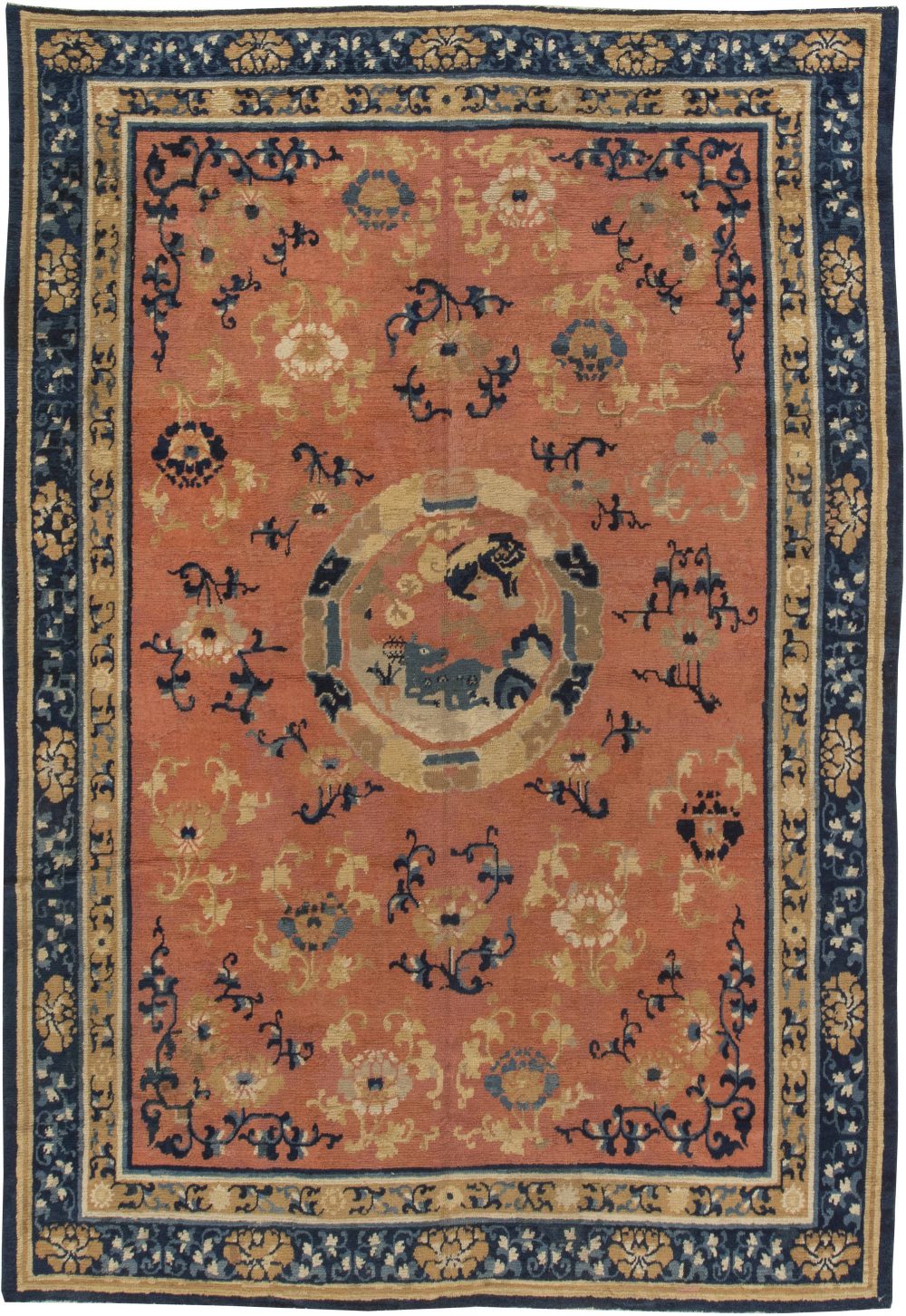 19th Century Chinese Handmade Wool Carpet in Salmon and Cobalt Blue Shades BB2794