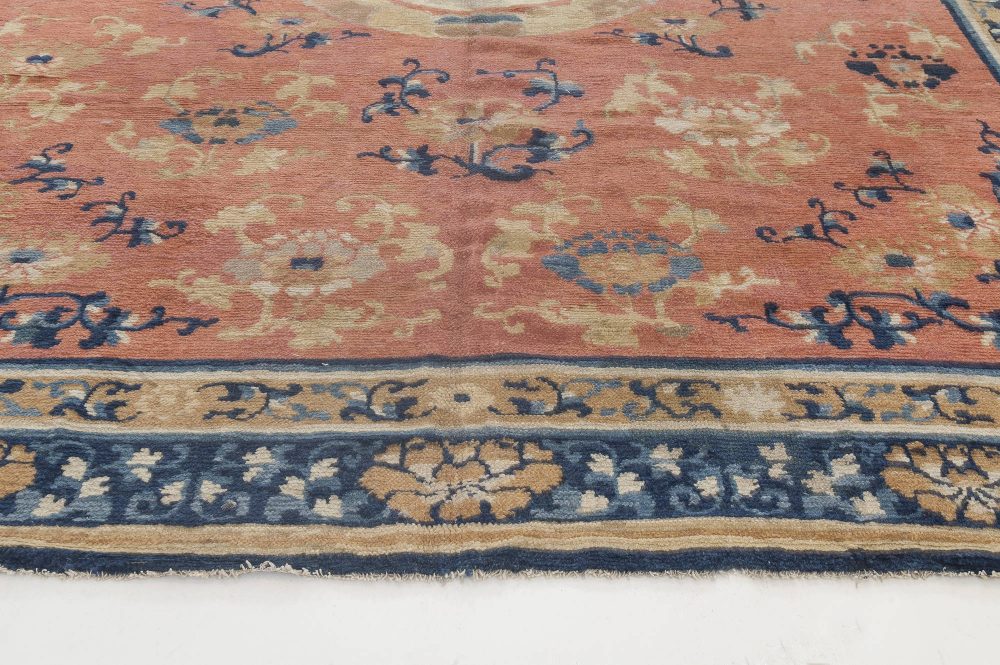 19th Century Chinese Handmade Wool Carpet in Salmon and Cobalt Blue Shades BB2794