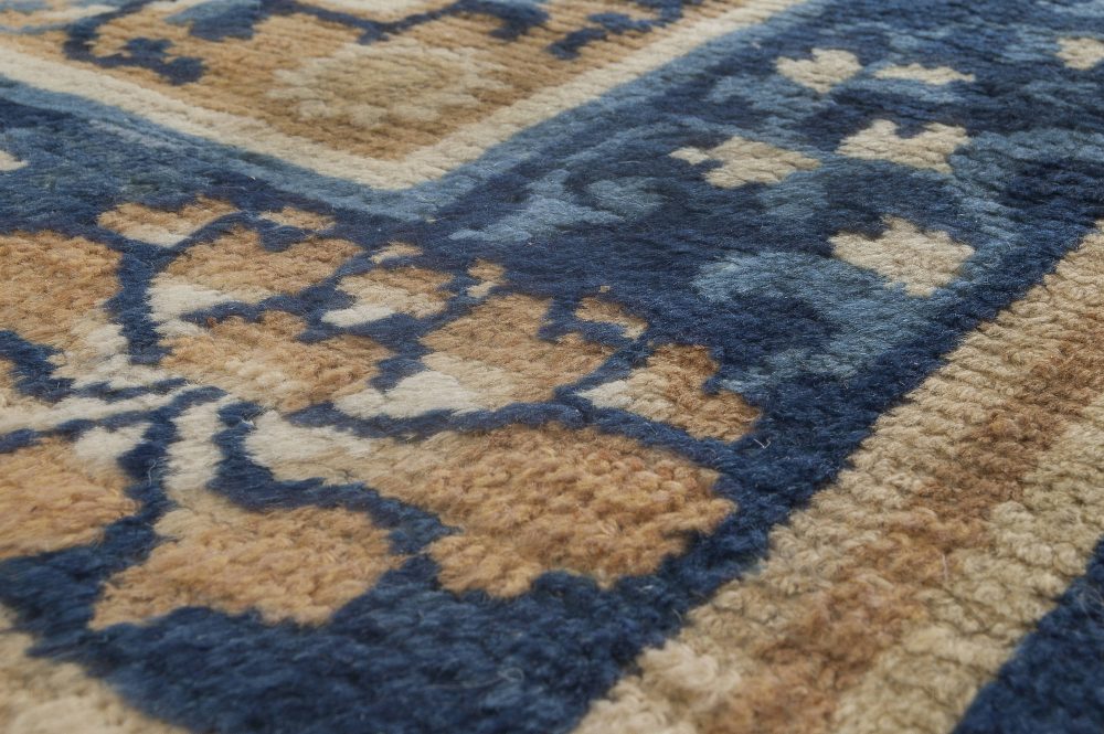 19th Century Chinese Handmade Wool Carpet in Salmon and Cobalt Blue Shades BB2794