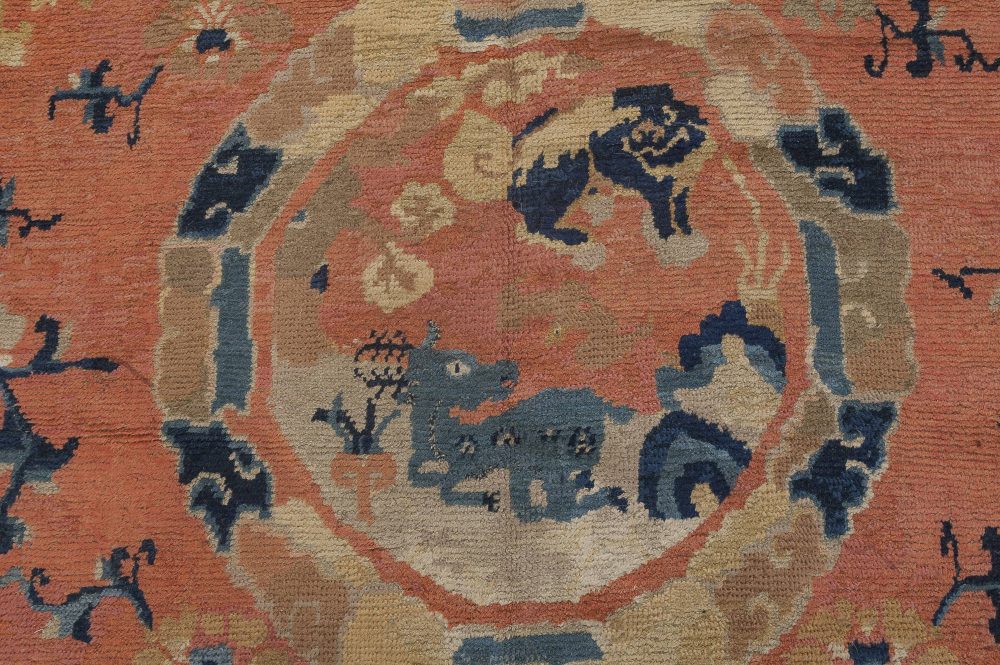 19th Century Chinese Handmade Wool Carpet in Salmon and Cobalt Blue Shades BB2794