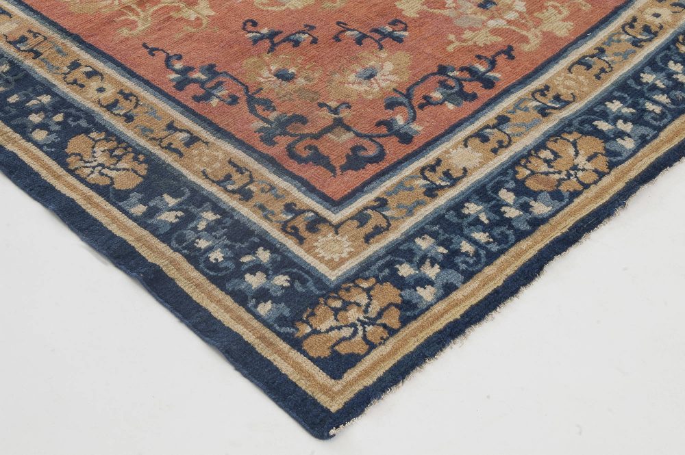 19th Century Chinese Handmade Wool Carpet in Salmon and Cobalt Blue Shades BB2794