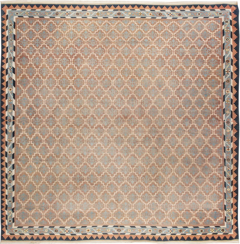 Vintage Indian Dhurrie Ivory, Light Brown and Blue Cotton Rug BB4824