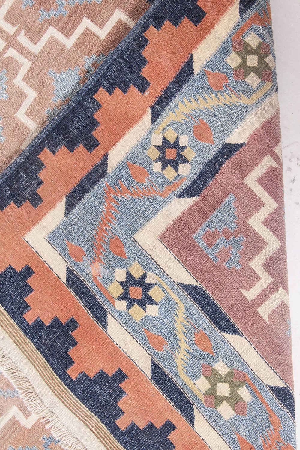 Vintage Indian Dhurrie Ivory, Light Brown and Blue Cotton Rug BB4824