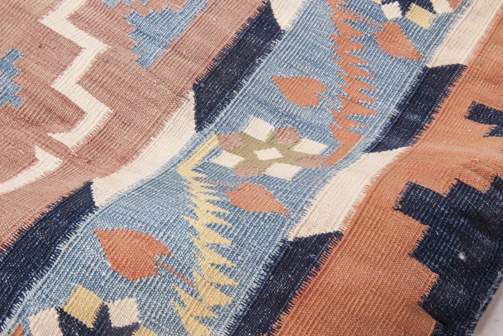 Vintage Indian Dhurrie Ivory, Light Brown and Blue Cotton Rug BB4824