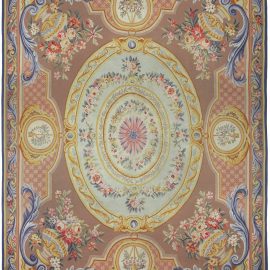 Antique Aubusson French Medallion Floral Cream Hand-Knotted Wool Rug BB5215