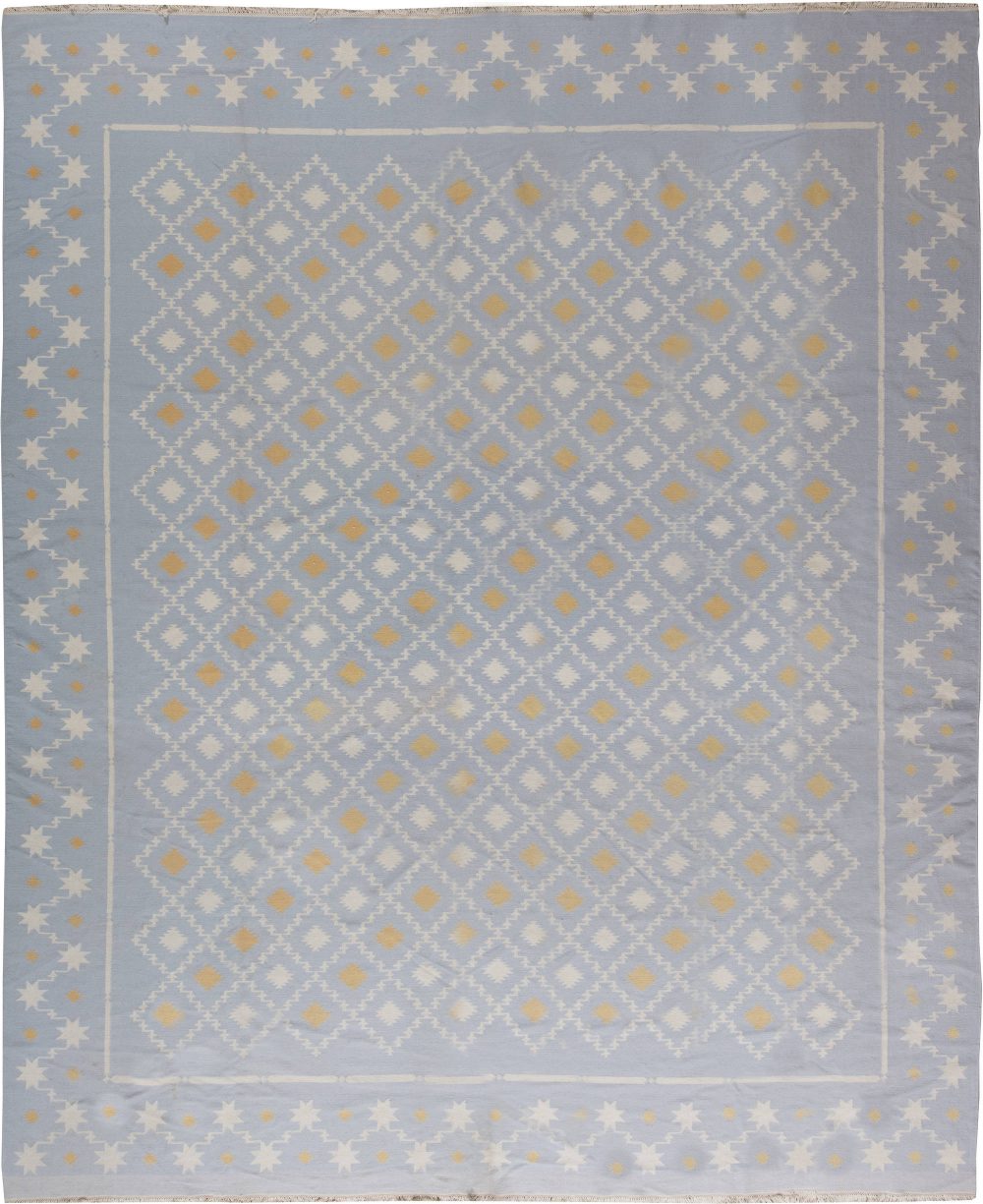 Mid-20th Century Blue, White, Orange Indian Dhurrie Flat-Weave Cotton Rug BB6197