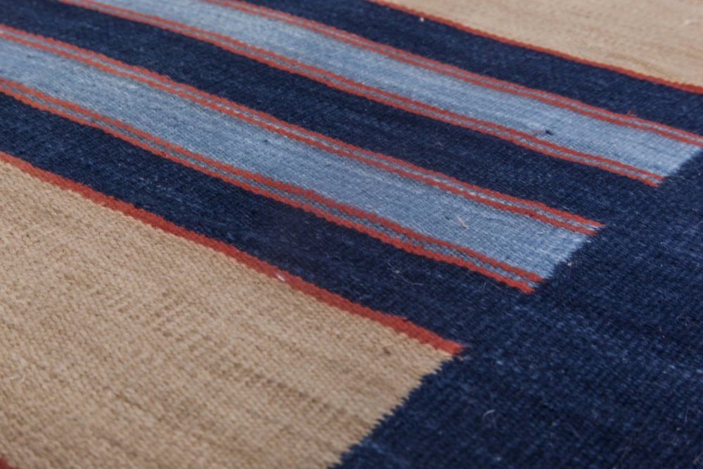 Mid-20th century Striped Navy Blue with Apricot Yellow Indian Dhurrie Rug BB6194