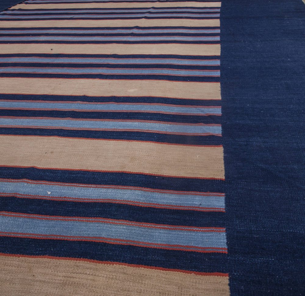 Mid-20th century Striped Navy Blue with Apricot Yellow Indian Dhurrie Rug BB6194