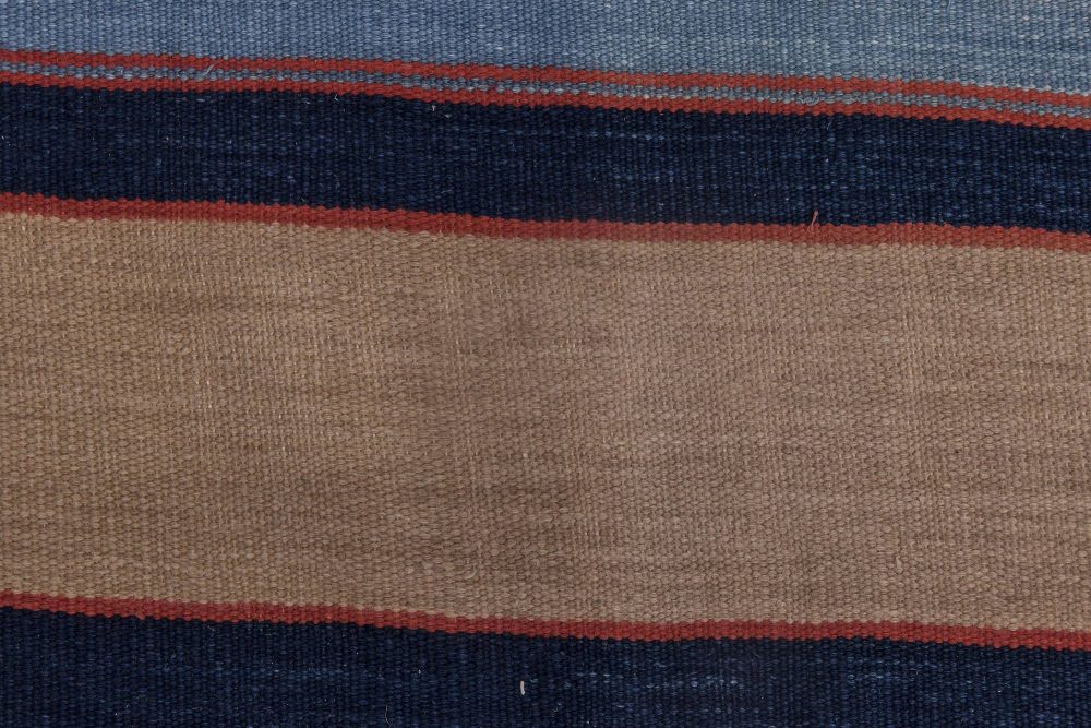 Mid-20th century Striped Navy Blue with Apricot Yellow Indian Dhurrie Rug BB6194