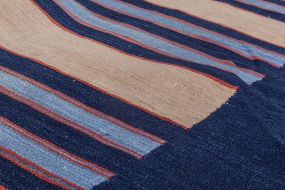 Mid-20th century Striped Navy Blue with Apricot Yellow Indian Dhurrie Rug BB6194