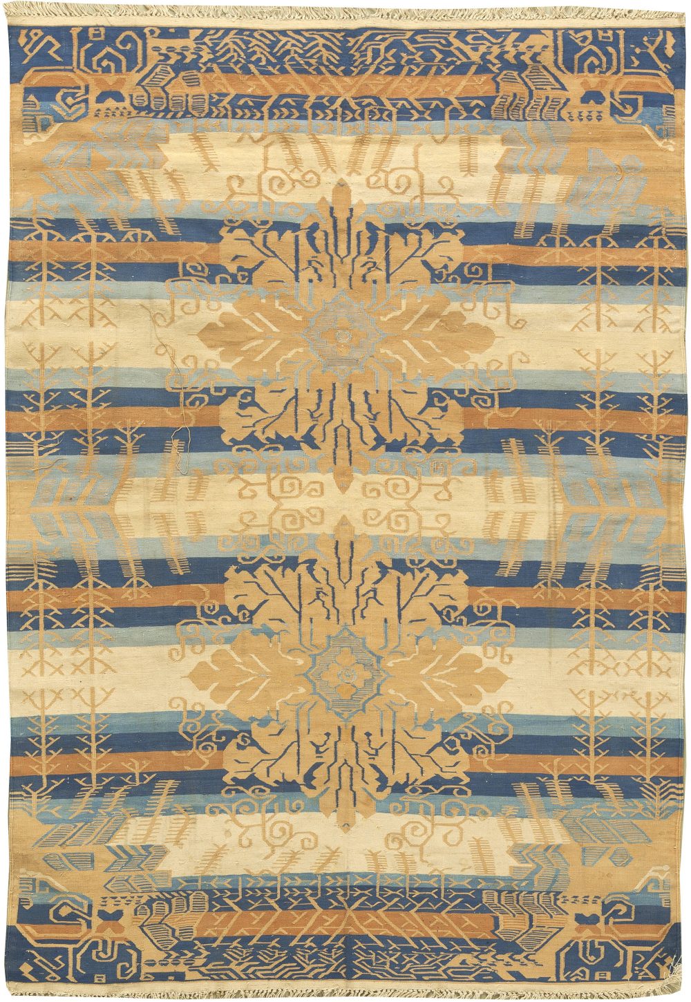 Mid Century Blue, Camel & Beige Indian Dhurrie Rug BB3923