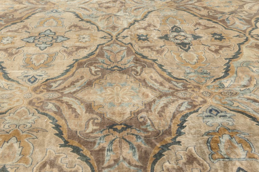One-of-a-kind Antique Indian Botanic Green, Blue, Brown, Beige, Orange Wool Rug BB4190