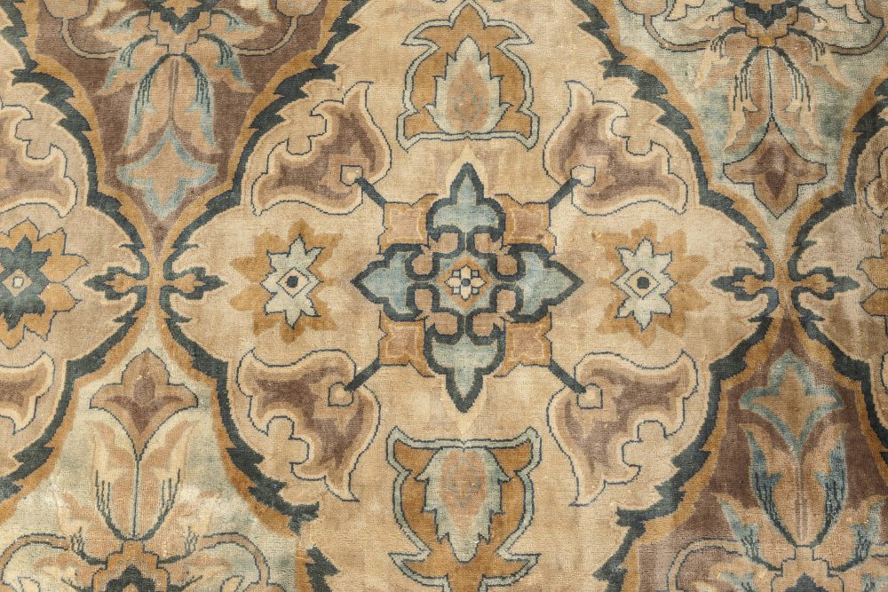 One-of-a-kind Antique Indian Botanic Green, Blue, Brown, Beige, Orange Wool Rug BB4190