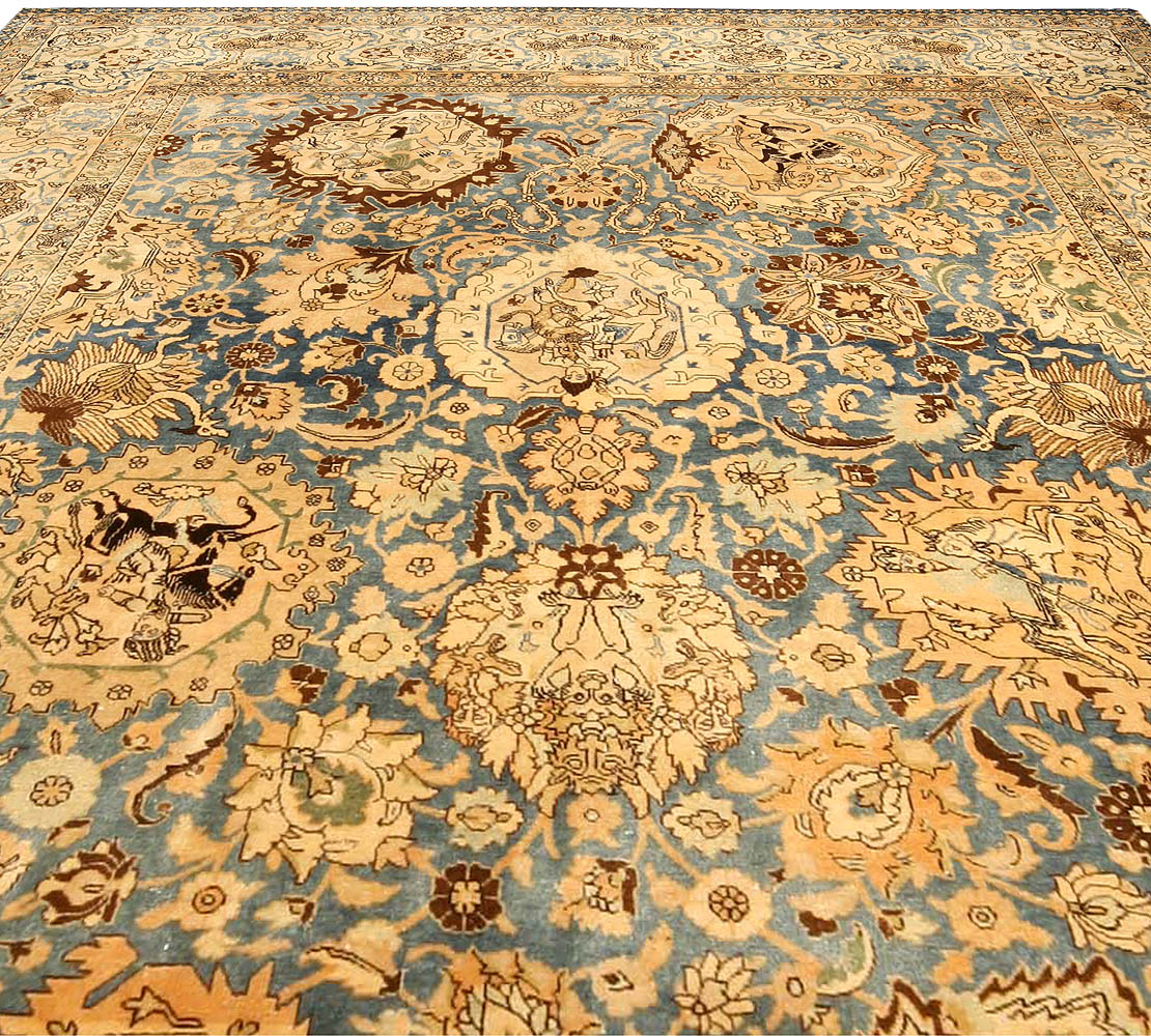 Antique Persian Tabriz Botanic Blue and Camel Handwoven Wool Rug BB4034