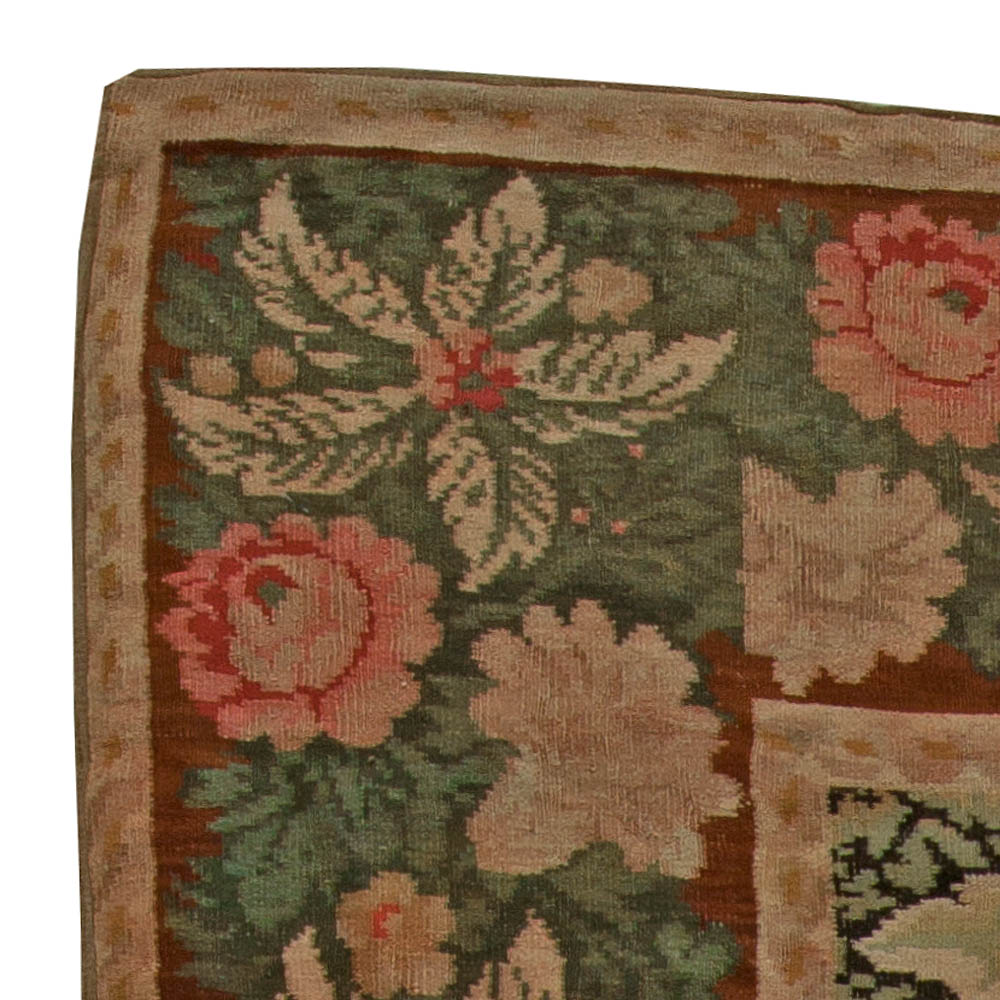 19th Century Bessarabian Brick Red, Green, Pale Moss and Pink Handmade Rug BB6135