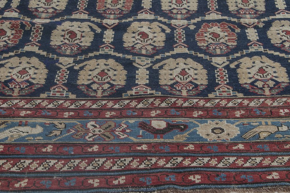 19th Century Caucasian Red, Brown, Black, Authentic Blue Handwoven Wool Rug BB3518