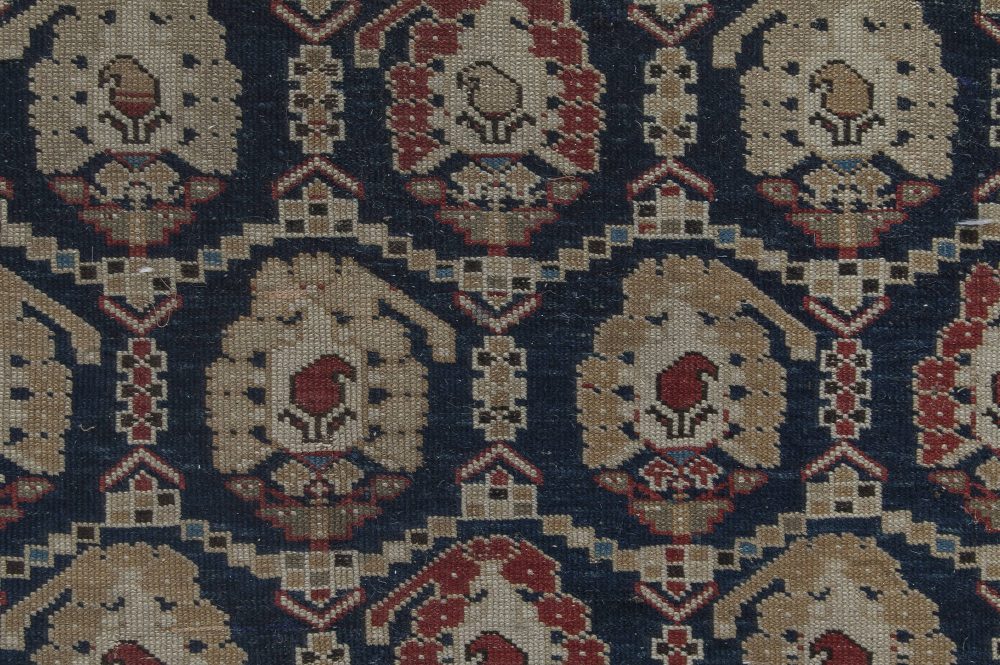 19th Century Caucasian Red, Brown, Black, Authentic Blue Handwoven Wool Rug BB3518