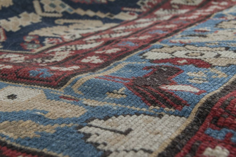 19th Century Caucasian Red, Brown, Black, Authentic Blue Handwoven Wool Rug BB3518
