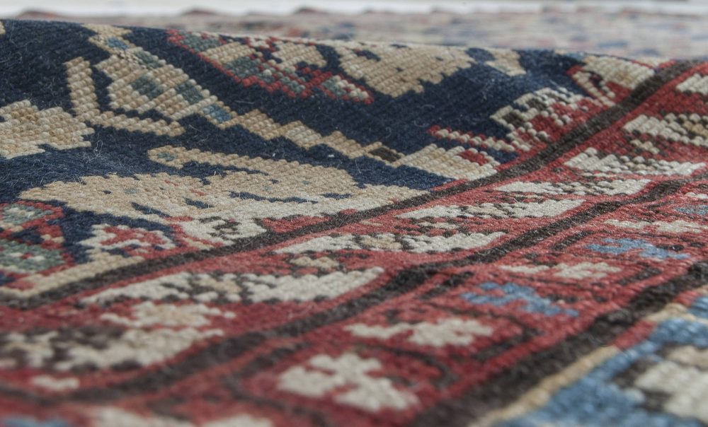 19th Century Caucasian Red, Brown, Black, Authentic Blue Handwoven Wool Rug BB3518