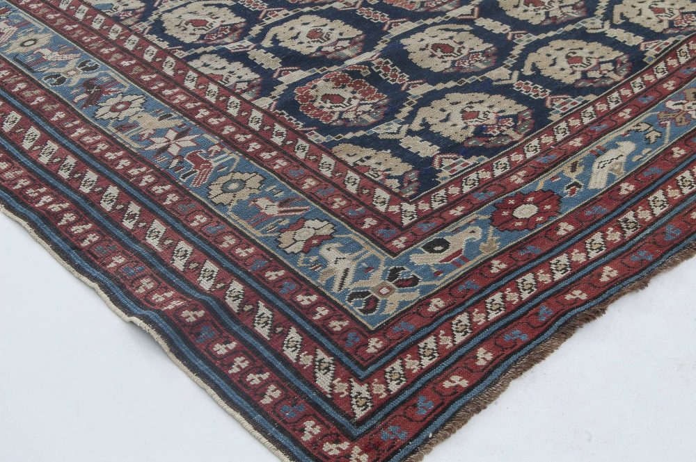 19th Century Caucasian Red, Brown, Black, Authentic Blue Handwoven Wool Rug BB3518
