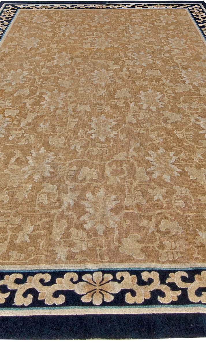 Authentic Mid-19th Century Chinese Beige and Dark Blue Handwoven Wool Rug BB5744