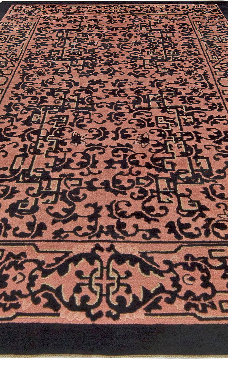 Authentic Early 20th Century Chinese Black and PalePink Wool Rug BB5732