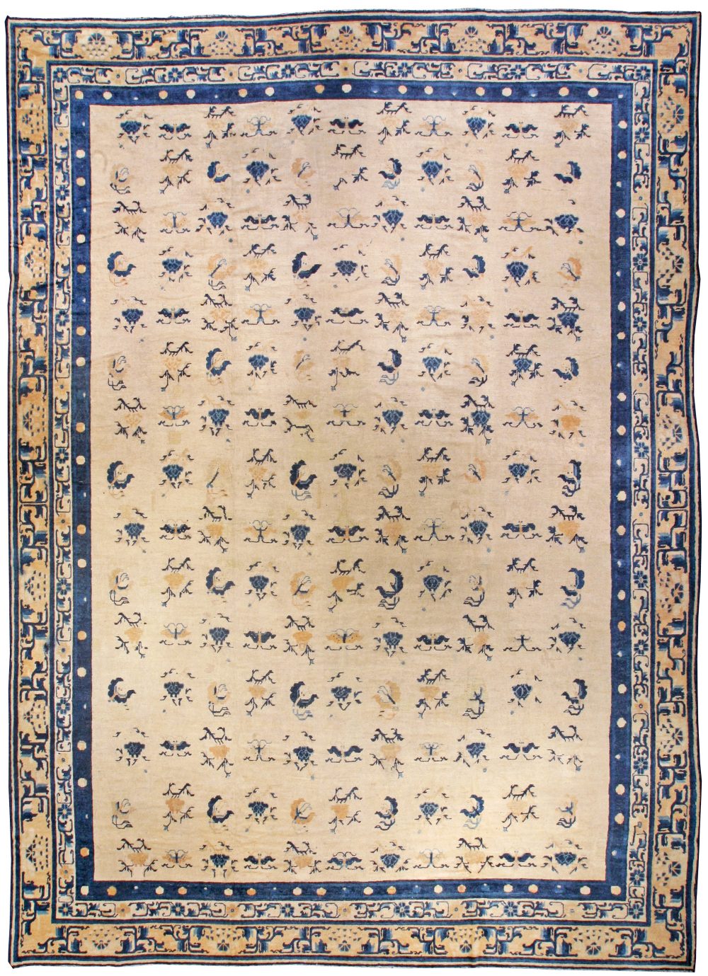 Authentic 19th Century Chinese Botanic, Beige, Blue Handmade Wool Carpet BB3574