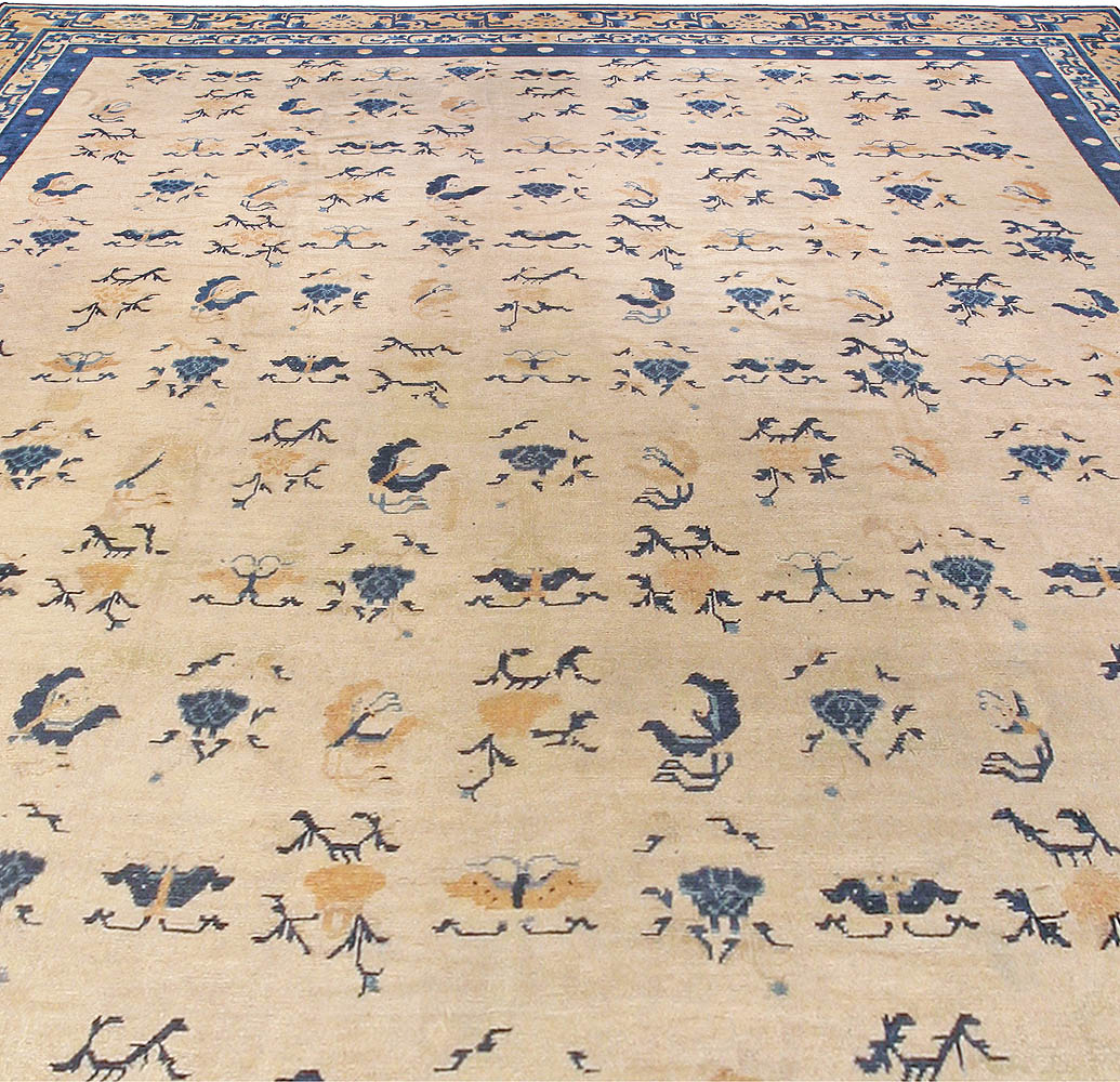 Authentic 19th Century Chinese Botanic, Beige, Blue Handmade Wool Carpet BB3574