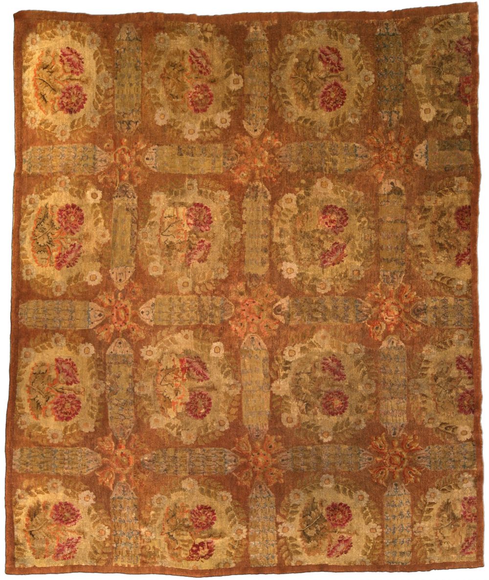 1800s French Savonnerie Botanic, Red, Brown, Green Hand Knotted Wool Rug BB4272