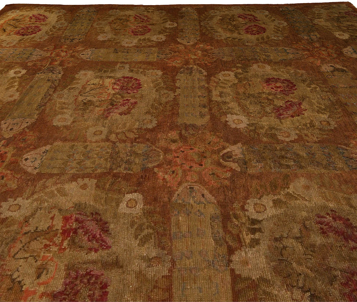 1800s French Savonnerie Botanic, Red, Brown, Green Hand Knotted Wool Rug BB4272