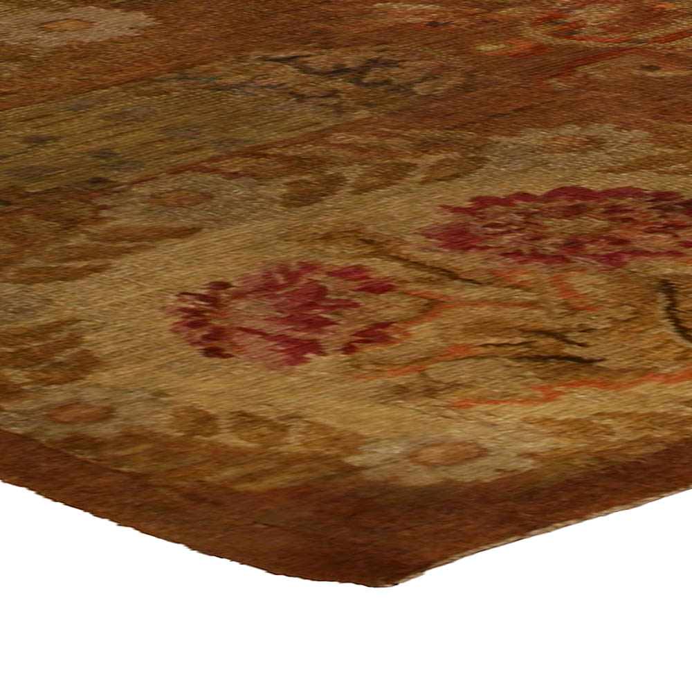 1800s French Savonnerie Botanic, Red, Brown, Green Hand Knotted Wool Rug BB4272