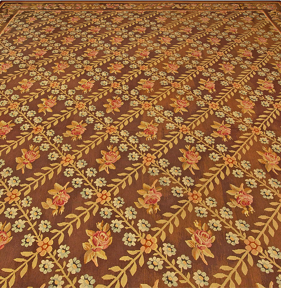 Antique French Aubusson Brown Botanic Handmade Wool Carpet BB4846